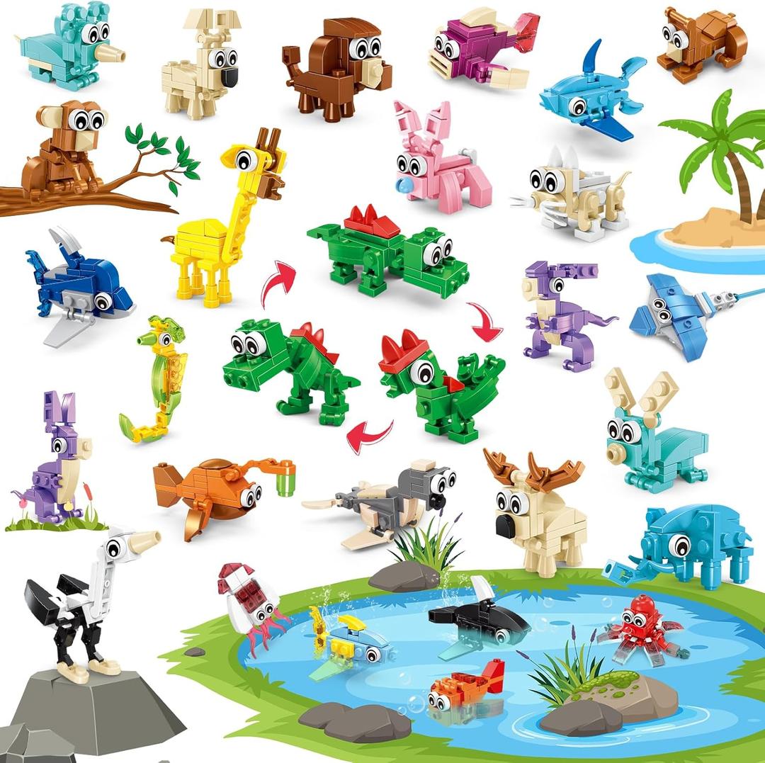 IMCUAMK 24 Pcs Animal Building Sets 24 Packs Valentines Party Favors For Kids, 72 Kinds of Transformable Building Block Toy, Goodie Bag Stuffers, Classroom Student Prizes Birthday Gifts for Kid Age 6+