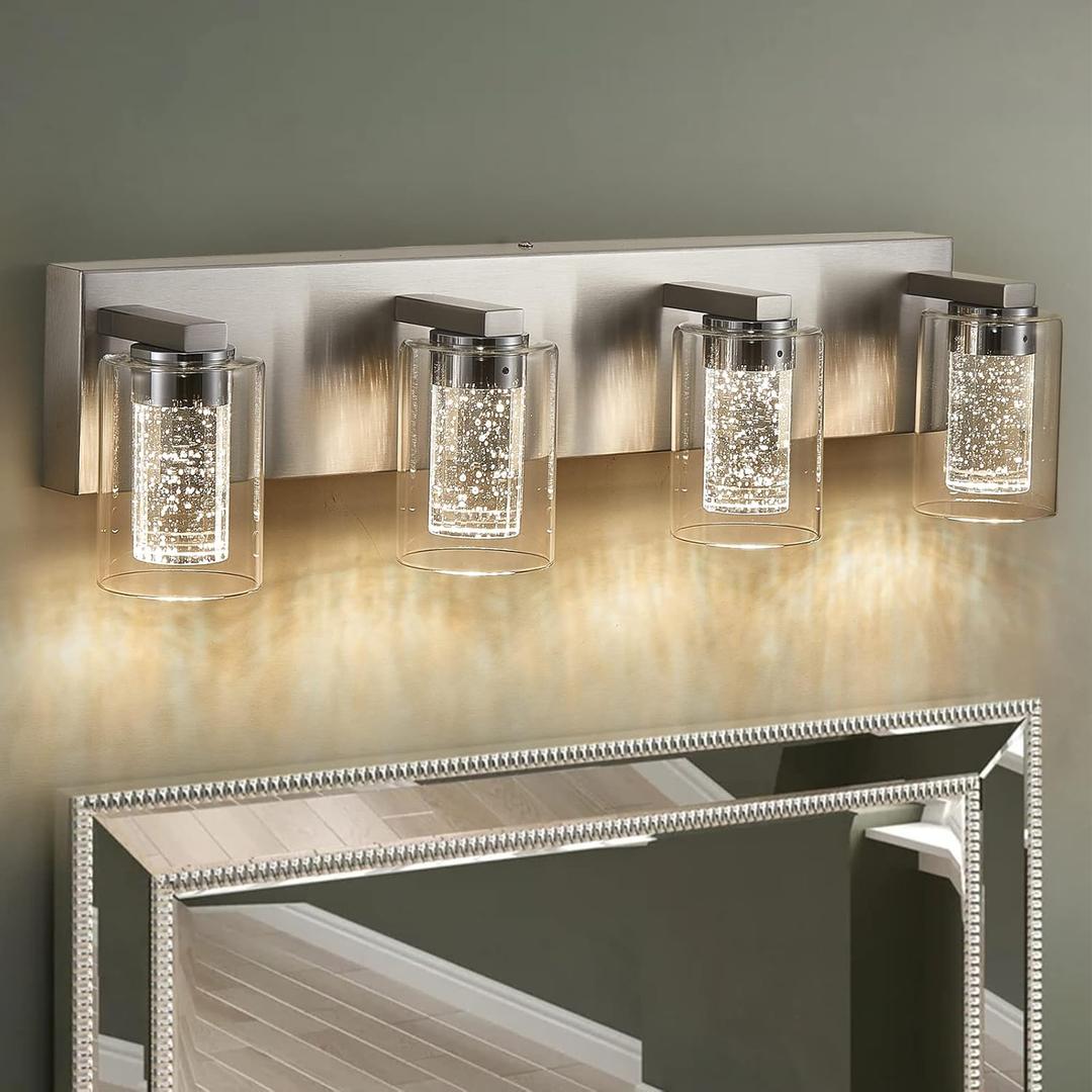 Brushed Nickel 4-Light Vanity Light, Crystal Bubble Glass with Dimmable 3-Color Lights, Modern Bathroom Light Fixtures Wall Sconce for Bathroom Hallway Kitchen Bedroom Living Room
