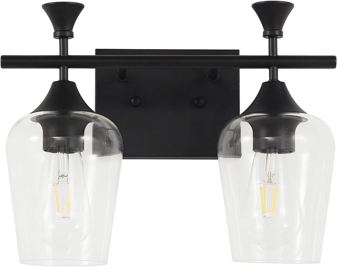 Bathroom Light Fixtures (2-Light, 14 Inch), Matte Black Vanity Lights for Bathroom with Clear Wine Glass Glass Shade, Modern Vanity Wall Lights for Mirror Bedroom Living Room Kitchen Hallway Porch