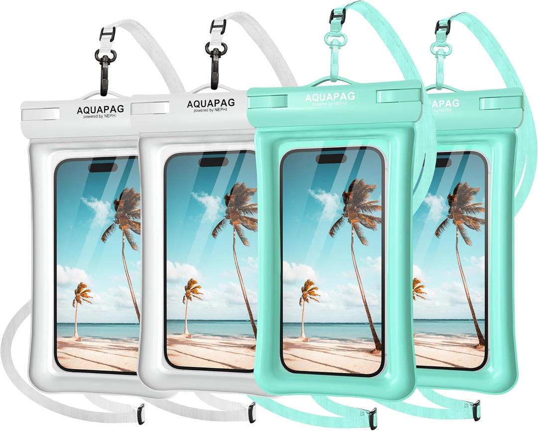 NEPHI IP68 Waterproof Phone Pouch 2 Pack-Up to 8.0"Adjustable Neck Lanyard Floating Waterproof Phone Case for iPhone,Phone Dry Bags for Vacation Beach Pool Travel Essentials (Aqua Green white 4 pack)