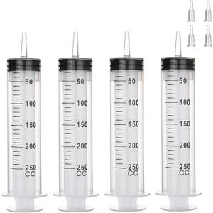 4 Pack 250mL Large Syringes with Tip Adapter - Individually Sterile Sealed Plastic Syringe for Liquid, Glue Dispensing, Scientific Labs