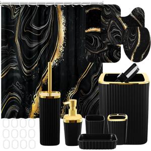 Patelai 10 Pcs Black Marble Bathroom Accessories Set Black and Gold Shower Curtain and Rugs Modern Marble Farmhouse Bathroom Decor Trash Can Soap Dish Toilet Lid Cover Toothbrush Holder Cup for Home