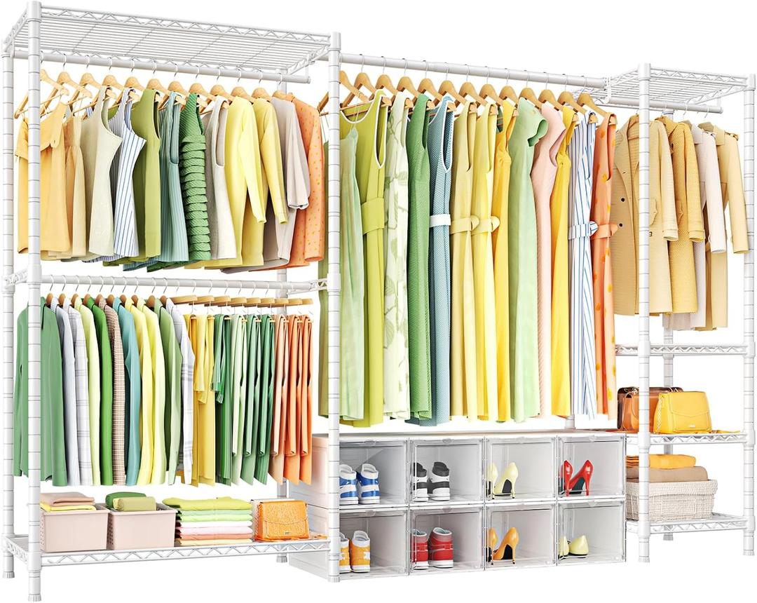 Ulif E10 Clothes RackWith Stretchable Hanger RodFreestanding Clothing Racks for Hanging ClothesAdjustable Closet Organizer SystemPortable Garment Rack 73-97"W x 15" D x 72" HMax Load 800LBSWhite