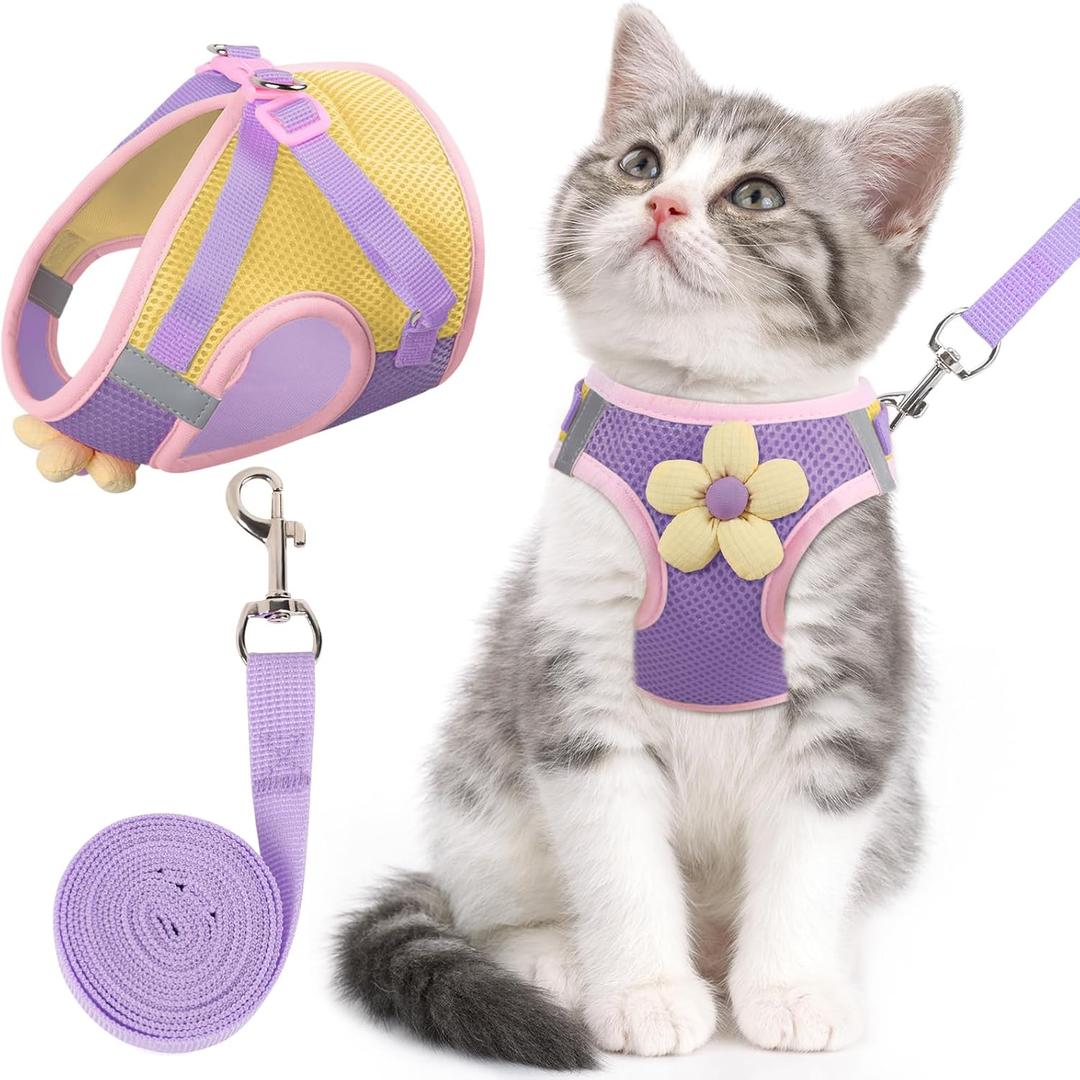 Cat Harness and Leash Set for Walking Escape Proof, Adjustable Kitten Harness Breathable Mesh with Reflective Strips Harness with Flower for Kitty Puppy Bunny Purple XS (Extra Small)