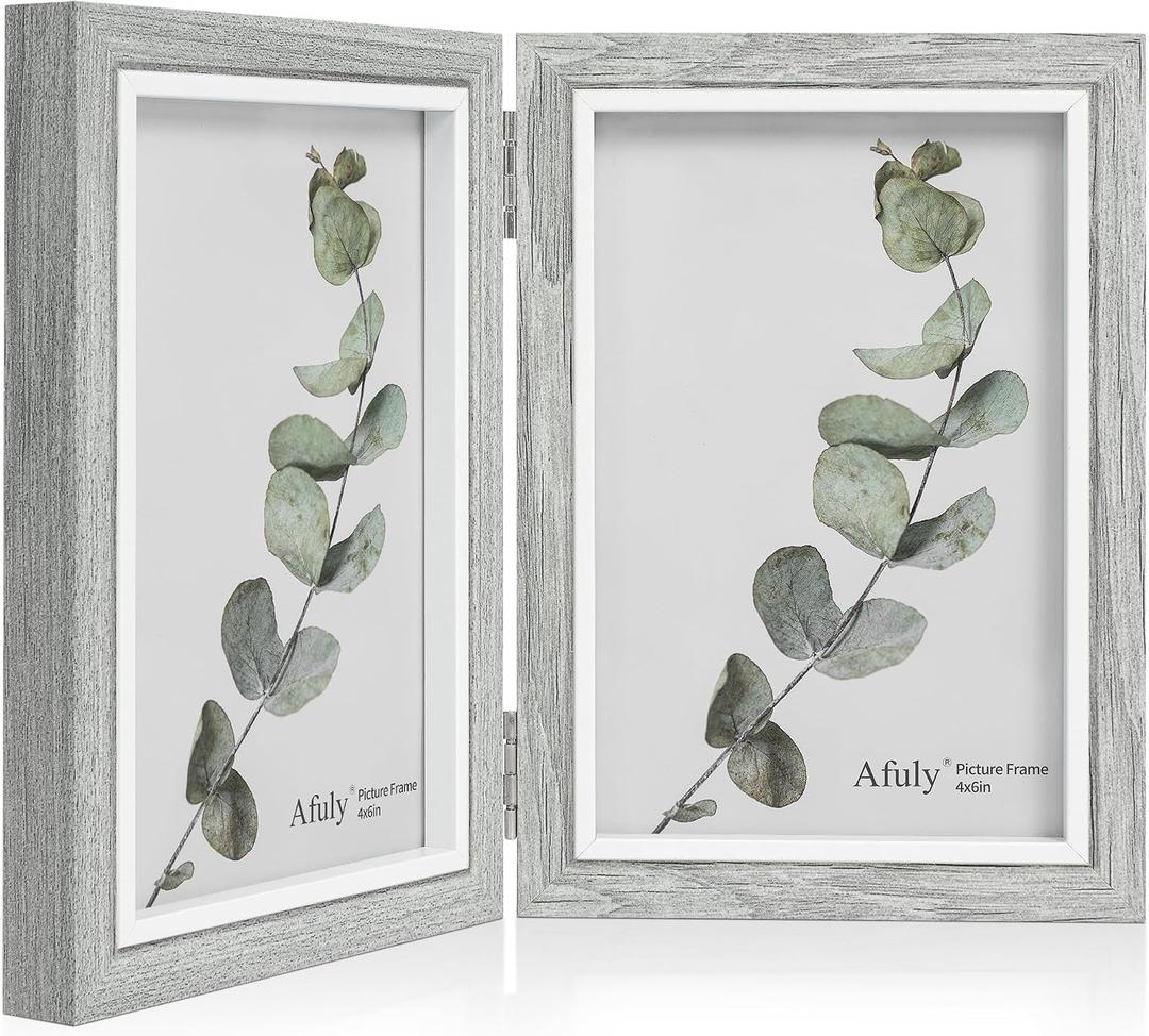 Afuly 4x6 Picture Frame Double Picture Frames 4 by 6 Grey Hinged Photo Frames Modern Wooden Frame Desk Vertical 2 Openings Display Gifts for Chirstmas Wedding Birthday Grandma Women Mom Friends,Double, 4x6 Grey