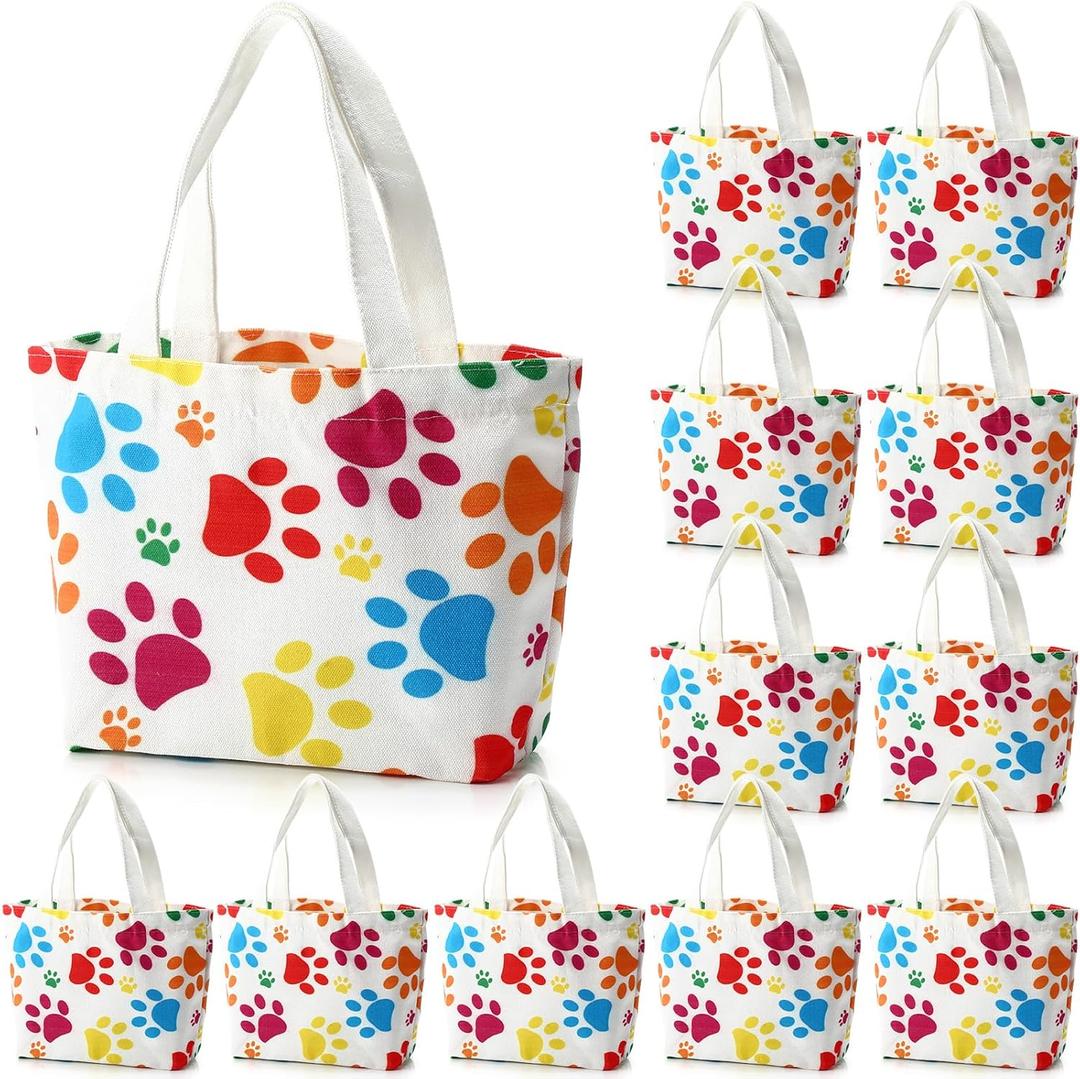 12 pcs Dog Paw Print Gift Bags Puppy Canvas Bags Pet Treat Bags 11.8 x 7.9 x 3.9 Inch Reusable Gift Goodie Bags for Puppy Pet Treat Birthday Party Supplies