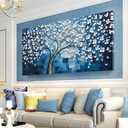 SSNEEKNDG Blue Tree of Life Wall Art for Bedroom White Flower Tree Large Artwork for Living Room Office Kitchen Modern Aesthetic Pictures Canvas Prints 24"x48"