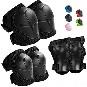 Kids Protective Gear Set Knee Pads for Kids 3-14 Years Toddler Knee and Elbow Pads with Wrist Guards 3 in 1 for Skating Cycling Bike Rollerblading Scooter (M(7-13Years), Black)