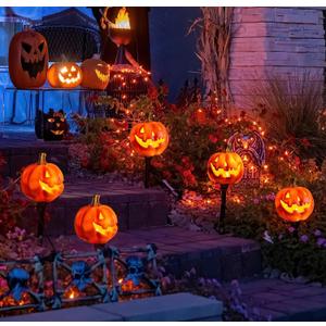 4 Pack Halloween Pumpkin Pathway Solar Lights, Orange Yard Stake String Lights Halloween Outdoor Decorations, Waterproof LED Pumpkin Halloween Dcor Walkway Lights
