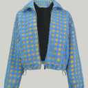 Esmeling Womens Long Sleeve Cropped Sherpa Fleece Plaid Jacket Casual Chunky Teddy Fleece Outerwear (Blue, XL)