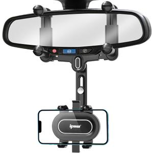 IPOW Large Rearview Mirror Phone Holder for Car 360Rotatable and Retractable, 2023 Upgraded Four Corners Fixed Anti-Shake Multifunctional Design for Car Rearview Mirror with Button