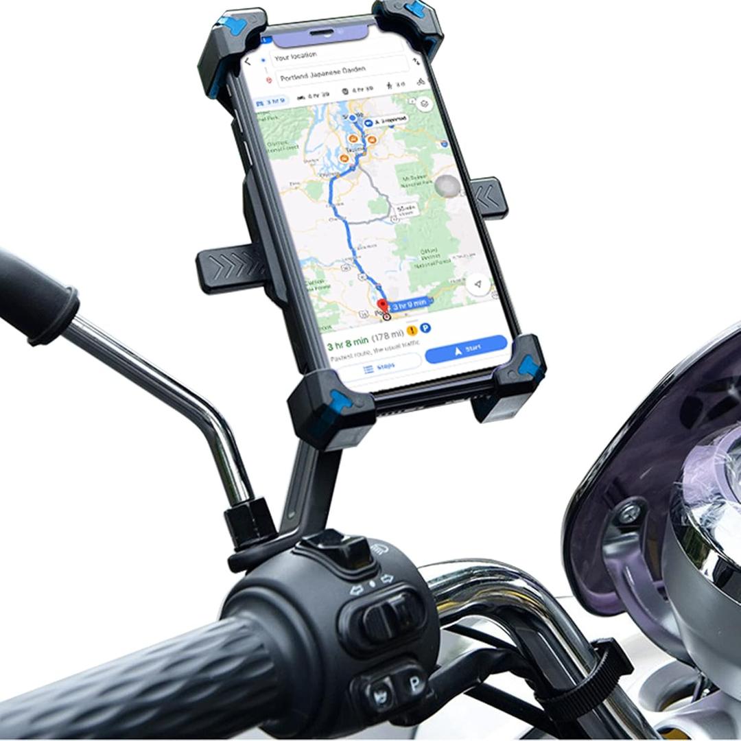 Motorcycle Phone Mount, Quick Release Motorbike Phone Holder Anti Shake Moped Scooter Rearview Mirror Holder Mount Universal for 4.0-6.8 Inch Smartphone - 360 Rotation Adjustable  Blue (ABS&Metal Alloy)