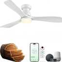 52in Smart Flush Mount Ceiling Fans with Lights,Outdoor Low Profile White Ceiling Fan Quiet DC Motor,Work with Alexa/Gg Voice Control/App/Remote,Dimmable,6-speed,3 Wood blades Fan for Patio,Porch