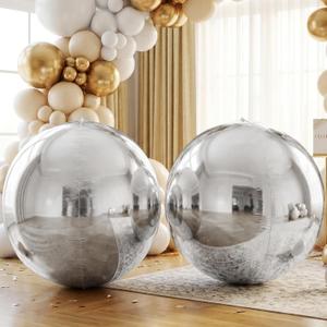 Shappy 2 Pcs Giant Silver Balloons Large 4d Round Ball Balloons 60 Inch Giant Huge Aluminum Shiny Foil Balloon for Wedding Birthday Bachelorette Graduation Baby Shower Party Decoration