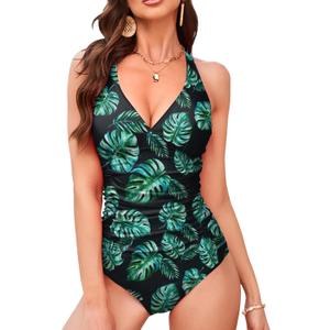 YNIQUE Women's One Piece Bathing Suits V Neck Swimsuits Tummy Control Cross Swimwear Monokini (Green, XL)