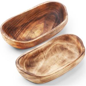 2 Pcs Wooden Dough Bowls for Decor Oblong Decorative Bowl Home Decor Fruit Vessel for Kitchen Counter Rustic Carved Serving Container Long Wooden Bread Tray for Dining Room Table(10 x 6 x 2 Inch)