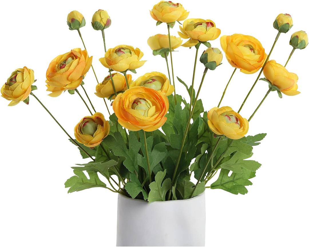 Artificial Silk Flowers Persian Buttercup Heavy Color Ranunculus Flower 5 Pcs, Suitable for core Decoration, Wedding Floral Creation, Flower Arrangement DIY Project, Interior Decor（Yellow）