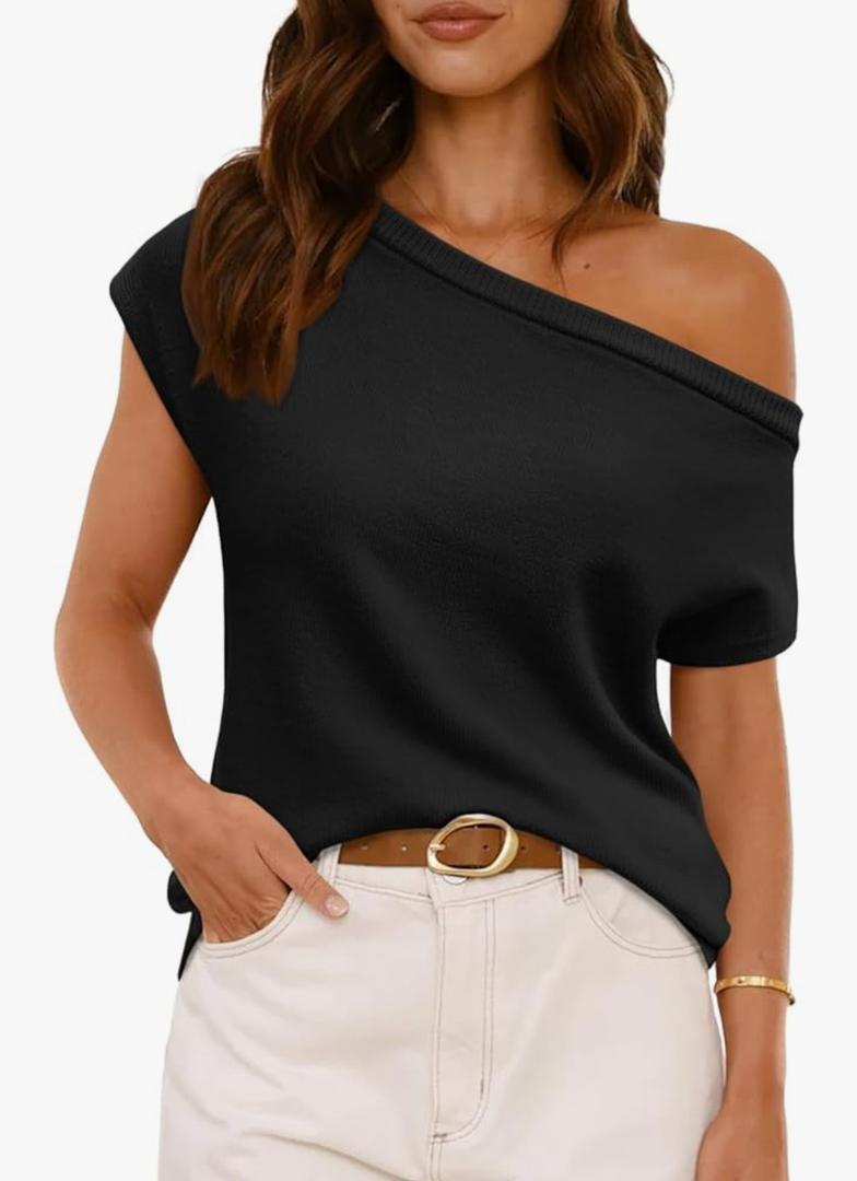LILLUSORY Womens Summer Fashion Off The Shoulder Sweaters Vacation Trendy Going Out Tops Lightweight Knit Pullover 2025 Size Large