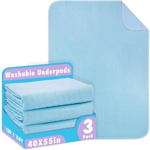 Bunlitent Washable Underpads, 40" x 55" (3 Pack), Blue, Washable Toddler Mattress Incontinence Pads for Elderly, Adults, Kids and Pets, Reusable Waterproof Bed Underpads, Absorbent Leak Proof