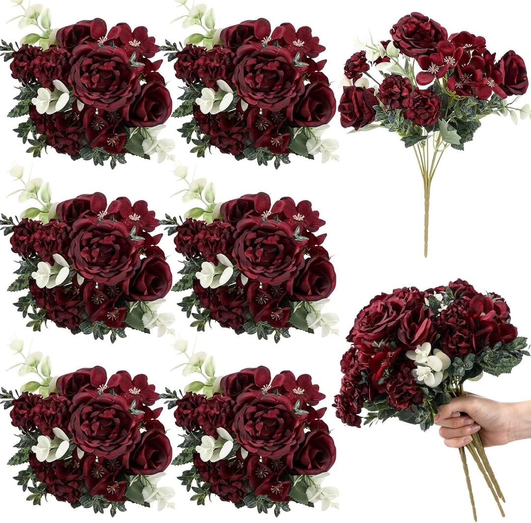6 Pcs Artificial Peony Silk Florals Fake Mix Silk Peony Rose Faux Flower Hydrangea Bouquet Elegant Realistic Wedding Floral Centerpiece for Home Party Table Arrangement (Red)