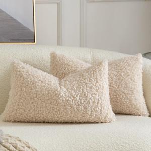 Yaertun Pack of 2 Faux Fur Throw Pillow Covers Decorative Sherpa Boucle Pillow Covers Fuzzy Soft Pillowcases Sheepskin Fleece Cushion Case for Couch Sofa Bed Living Room 12x20 Inch Beige