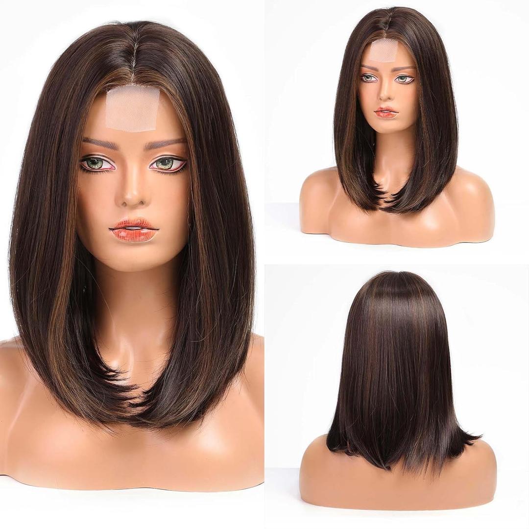 HAIRCUBE Short Wigs for Women,Brown Bob Wig Shoulder Length Synthetic Wig Heat Resistant Hair for Daily Party Use 16 Inches(Dark Brown with Highlight)