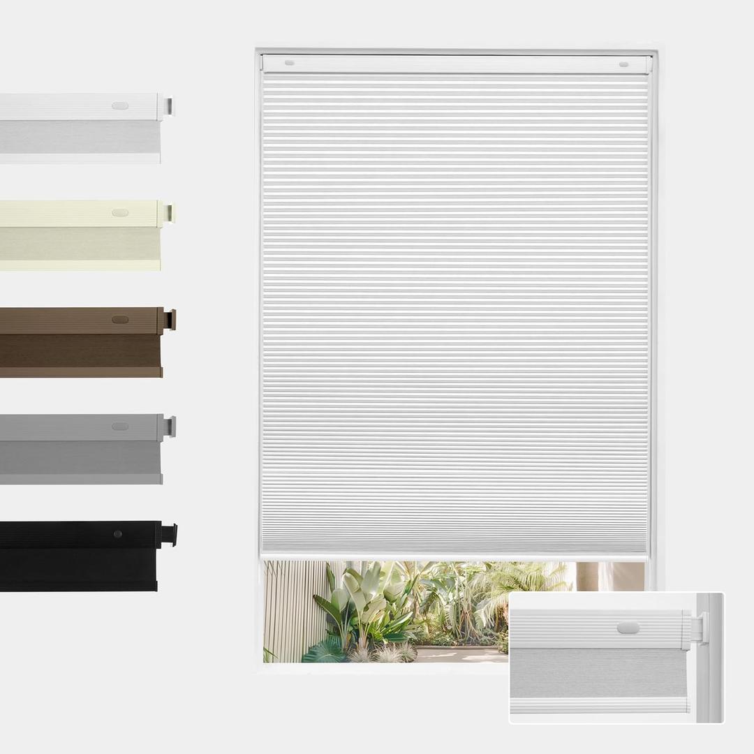 Boolegon No Drill Blackout Cellular Window Shades, White, 28.5" W x 48" H