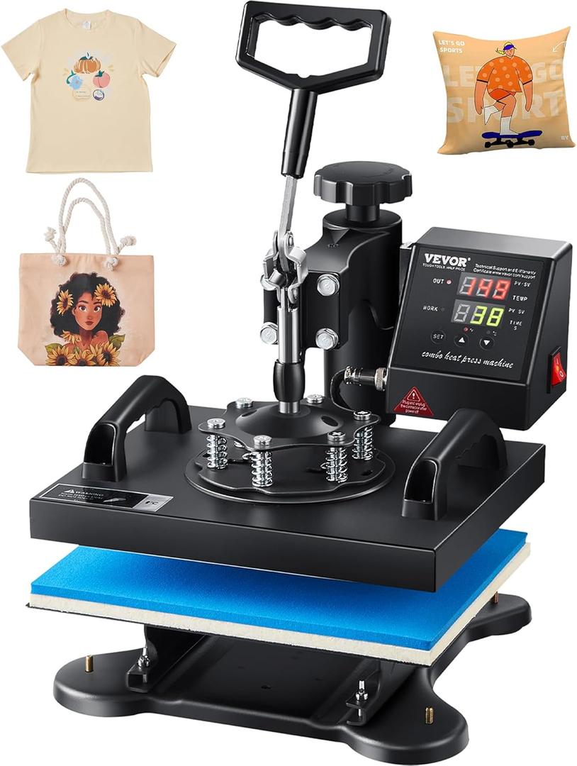 VEVOR Heat Press, 12x10in Heat Press Machine, Clamshell Sublimation Transfer Printer Fast Heat-up, Digital Precise Temperature Control, Vinyl Heat Press for T-Shirts Bags Garments Mats Puzzles, 650W