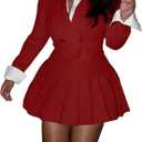 Adogirl Women 2 Piece Outfits Color Block Crop Blazer Mini Pleated Skirt Sets Matching Set Casual Business Skirt Suits (Small, Red)