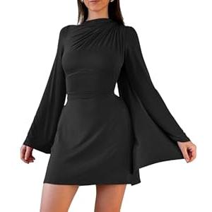 GOBLES Women's Elegant Flare Long Sleeve Adjustable Laced Up Mini Cocktail Dress (Large, Black)