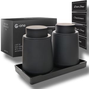 G-one Rust-Proof 12ounce Non Leakable Plastic Liquid & Lotion Refillable Matte Black Hand Dish Soap Dispenser Set with Tray and Waterproof Labels for Modern Bathroom and Kitchen(Rubber Paint)
