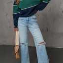 LEEDYA Womens Long Sleeve Sweatshirts Oversized Crewneck Color Block Pullover Top Casual Lightweight Blouse Tops (Blue, S)