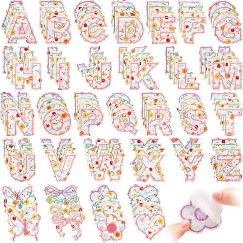 Hanaive 136 Pcs Chenille Letter Patches Self Adhesive Stickers for DIY Cute Smile Face Heart Rainbow Patches for Clothing Backpacks Bags Jackets Hat Decoration (Floral Style, Pale Yellow Color)