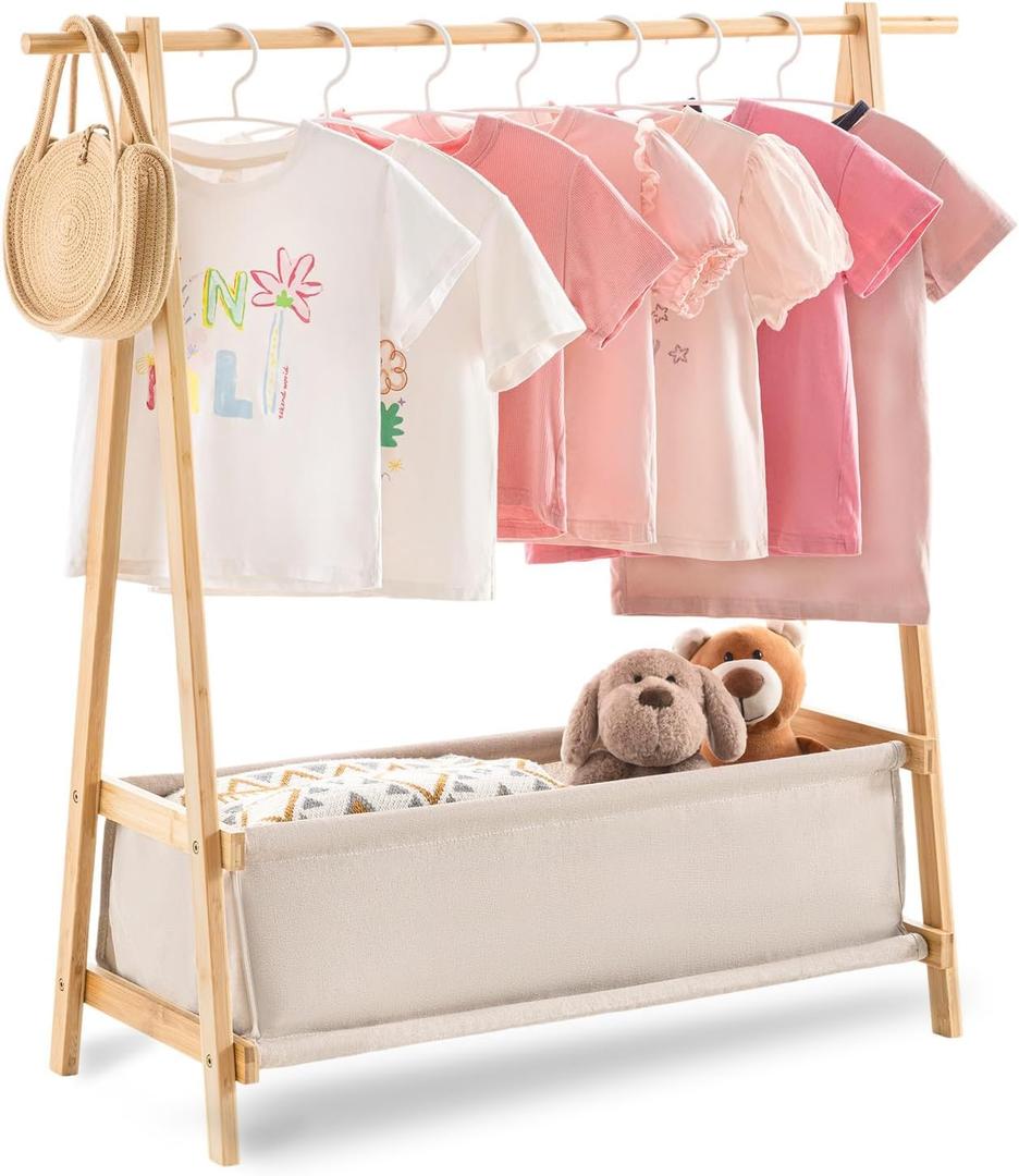 Kids Clothing Rack with Storage Box, Kids Dress Up Rack, Dance Costume Garment Rack for Hanging Clothes,Garment Rack for Hanging Clothes Organizer, Bamboo (Natural)