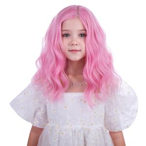 Girls Light Pink Wig Kids Short Pink Wavy Curly Wigs Children Side Part Wig Synthetic Cosplay Hair Wigs
