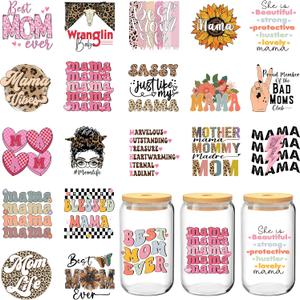 UV DTF Cup Wrap, 20 Sheets Mama UV DTF Cup Wraps for 16 oz Glass Coffee Cups, Funny Mom UVDTF Transfers Stickers for Mom, Mothers Day Water Bottle Laptop Phone Decals