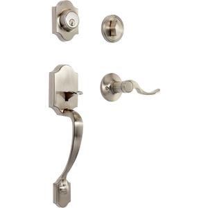 Amazon Basics Front Door Lock Set, Handleset with Shelby Lever, Level Door Handle, Exterior, Single Cylinder Packs, Satin Nickel, 1-Pack