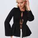 Women's Long Sleeve Shirred Peplum Going Out Tops Y2K Tie Front Babydoll Shirt Blouses (Black, M)