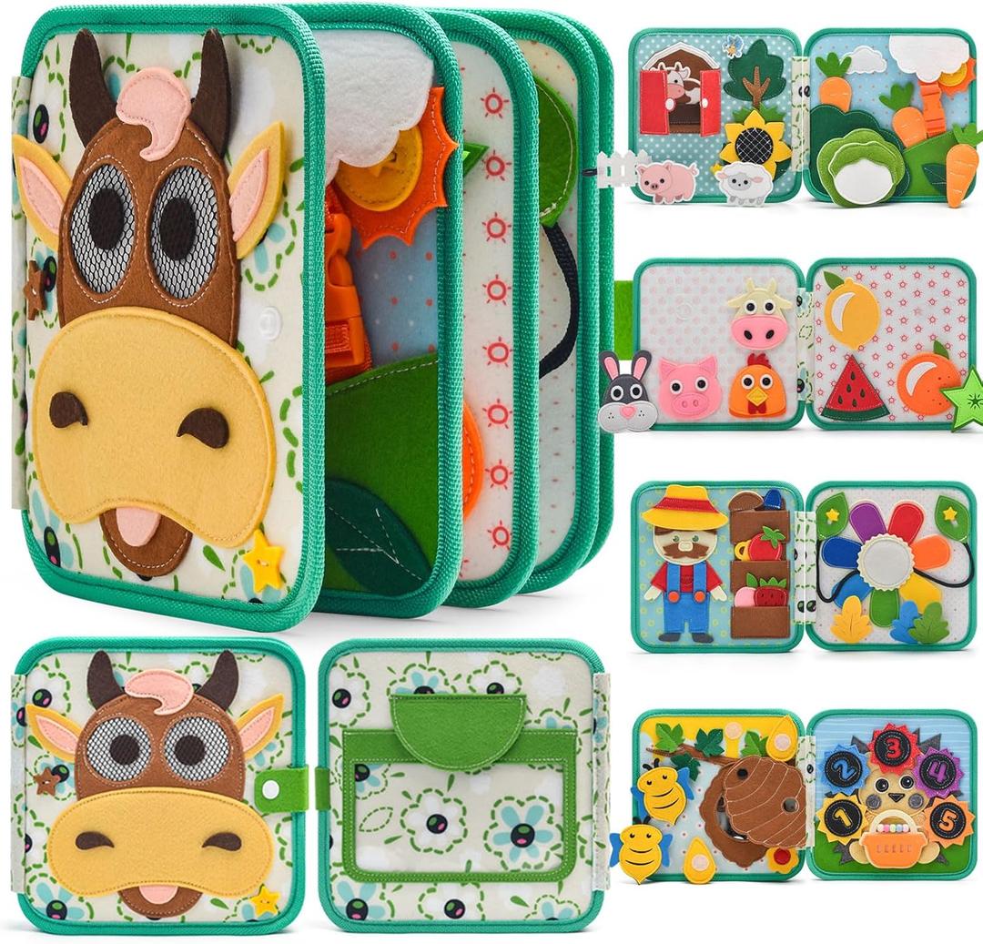 Montessori Busy Book for Toddlers 1-3, Felt Quiet Book & Busy Board for Preschool Learning, Fine Motor Skills & Sensory Play, Educational Travel Toy and Gift for Kids  Farm Animals Theme, Green