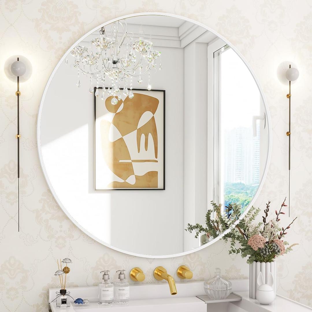 BEAUTYPEAK 30 Inch Round Mirror, Metal Frame Circle Mirror, Wall Mounted for Entryway, Bathroom, Vanity, Living Room, White