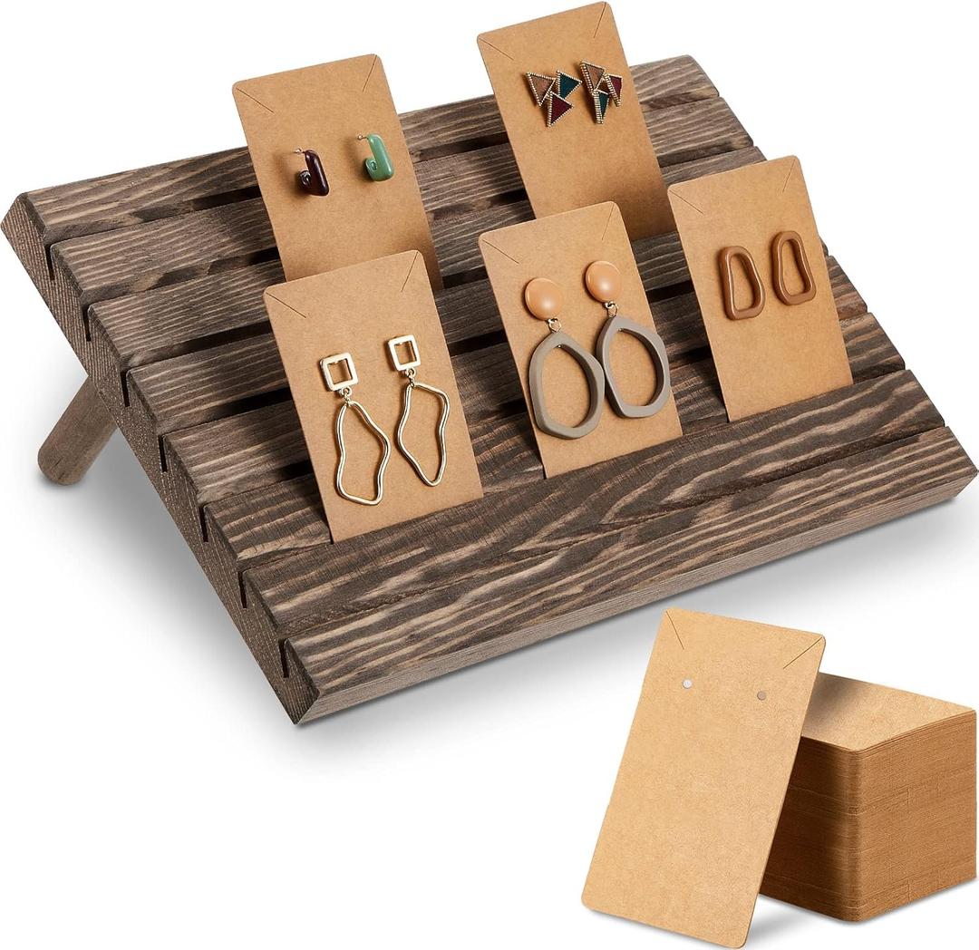 Blulu 31 Pack Wooden Earring Display Stand 7 Slots jewelry Display Holder with Earring Card for Selling Vendors Retail Show (Brown, Light Brown)