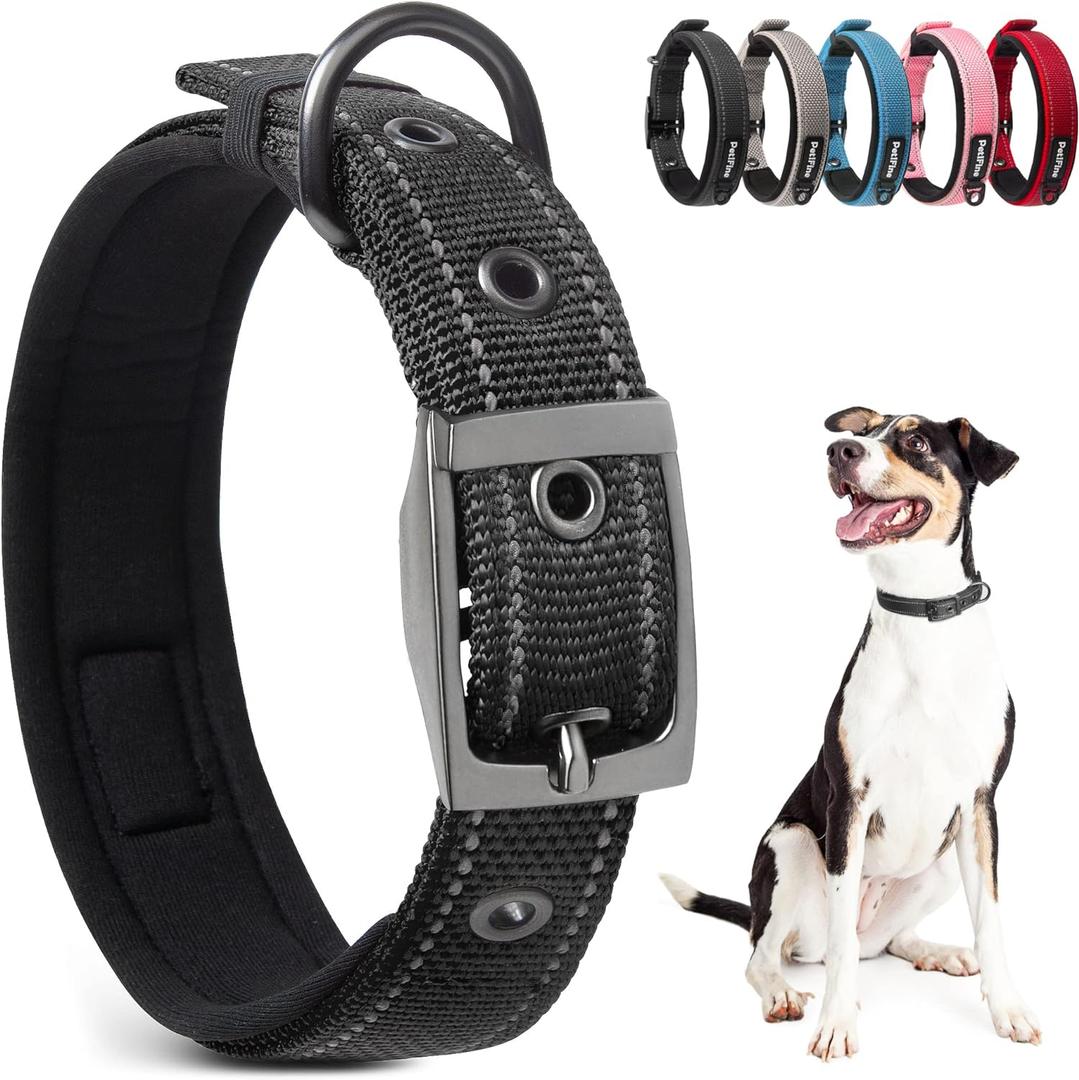 PetiFine Dog Collar for Large Dogs, Neoprene Padded and Adjustable, Reflective Wide Heavy Duty Pet Collars with Durable Metal Belt Buckle for Walking, Black, L