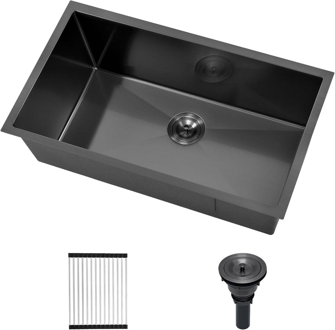 30" Undermount Kitchen Sink, 16 Gauge T304 Stainless Steel Single Bowl, 30x17x9 Inch Deep Under Counter Sink with Roll-up Drying Rack & Grid, Scratch-Resistant Brushed Finish