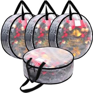 Dntorx 4 Pack Clear Christmas Wreath Storage Container, 30 x 8 Inch Wreath Storage Bag with Sturdy Handle and Dual Zip