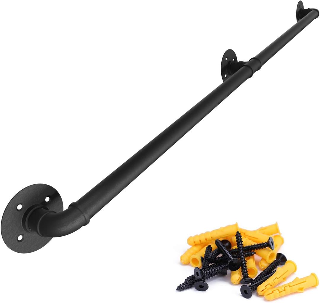 Muzata 5ft Staircase Handrail Black Pipe Handrail Bar Foot Rail Kit for Indoor Stairs 440LBS Load Capacity Wall Mount Support Galvanized Steel Industrial Style, HW20 BBG
