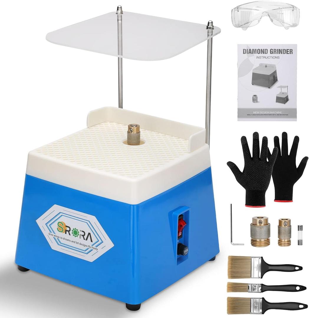 Stained Glass Grinder,4200r/min Mini DIY Grinding Tool, 110V 65W Portable Glass Grinder Kit with 5/8" + 1" Replaceable Diamond Grinder Bit for Glass Processing Arts Etc. (Blue)