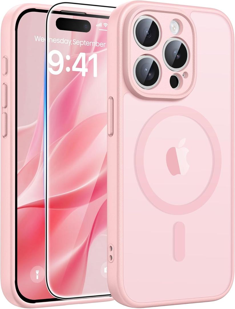 FNTCASE for iPhone 15 Pro Case: [Compatible with Magsafe] Translucent Matte Cases with [Full Camera Protection] [Screen Protector] Military Grade Shockproof Protective Phone Cover - Light Pink
