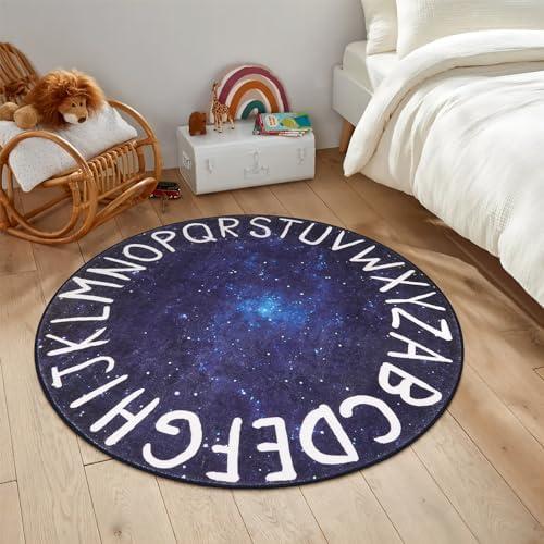 LIVEBOX Kids Rug, Round Alphabet Washable Rug for Kids Room, Star Blue, 40"