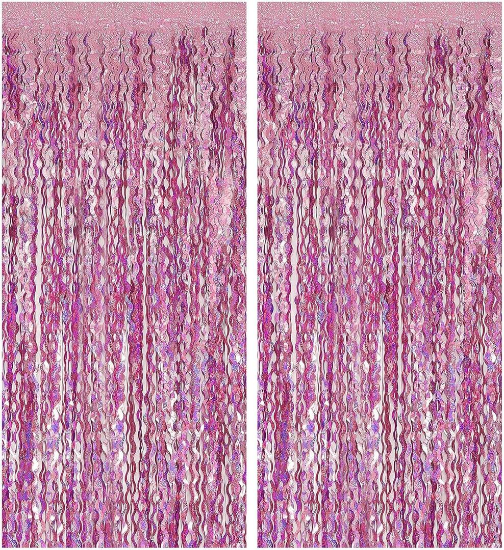 Pink Streamers Fringe Backdrop Tinsel Foil Fringe Curtains Wavy Backdrop for Parties Sparkle Metallic Wavy Foil Fringe Backdrop Curtain Photo Booth Props for Birthday Wedding (2 Pack)