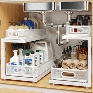 2-Pack 18.5 IN Depth Under Sink Organizer With Next-Gen Ball-Bearing Slides,Sophisticated Mesh 2-Tier Pull Out Shelf for Kitchen & Bathroom,Fits Small Items-White (Patented)